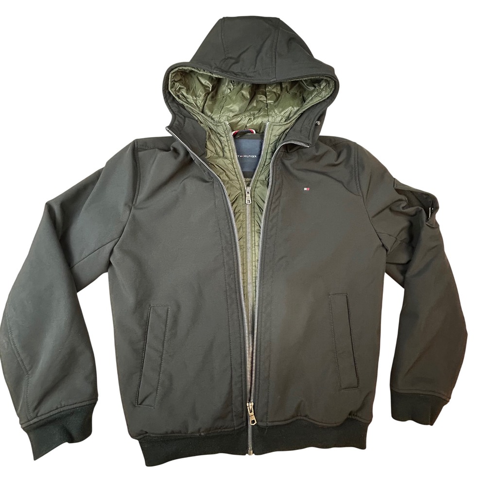 Tommy Hilfiger Mens Softshell Bomber Jacket Black Olive Green Hooded Small